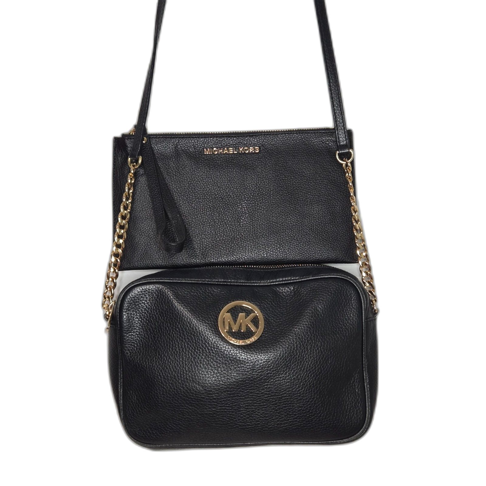 Michael Kors Fulton Crossbody & Pouch Bundle | Black Pebbled Leather | Gold